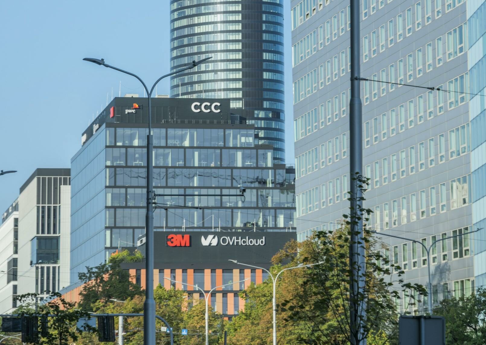 Futuristic skyscrapers and urban street scene in downtown Wrocław, Poland.